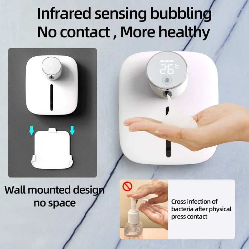 Automatic Wall-Mounted Soap Dispenser – Rechargeable, Touchless Foam Pump with Temperature Display + Type-C Charging