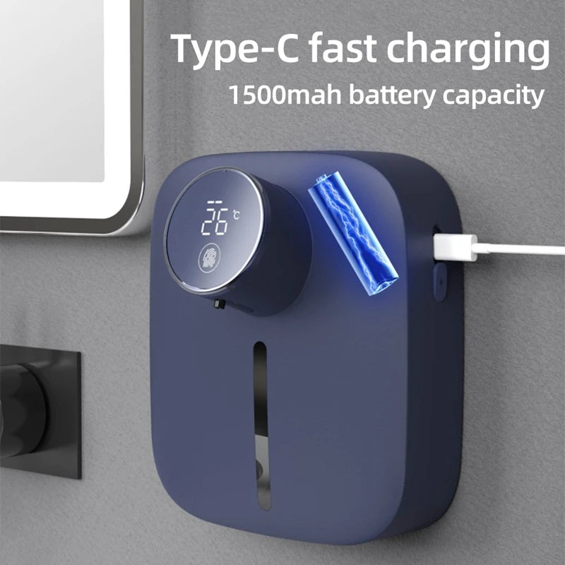 Automatic Wall-Mounted Soap Dispenser – Rechargeable, Touchless Foam Pump with Temperature Display + Type-C Charging