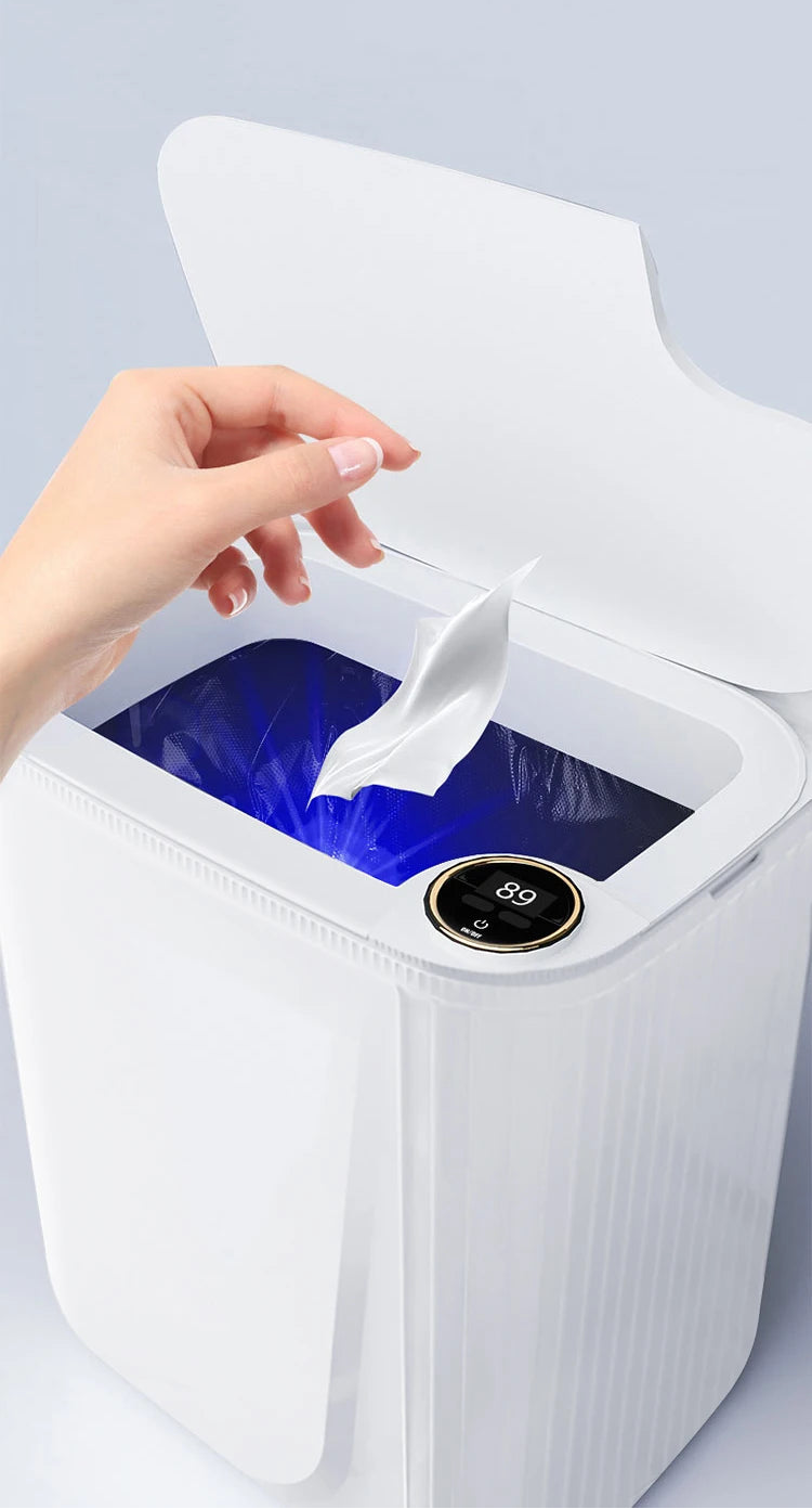Smart Motion Sensor Trash Can with Digital Display, IPX5 Waterproofing & Type-C Rechargeable Lid (Hands-Free, Bacteriostatic Light)
